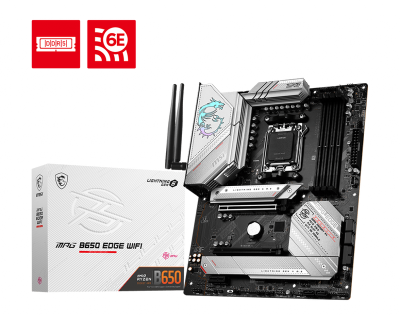 MSI MPG B650 EDGE WIFI AMD AM5 ATX Motherboard, 4x DDR5 ~128GB, 2x PCI-E x16, 1x PCI-E x1, 3x M.2, 6x SATA, 2x USB2.0, 7x USB 3.2, 1x USB-C