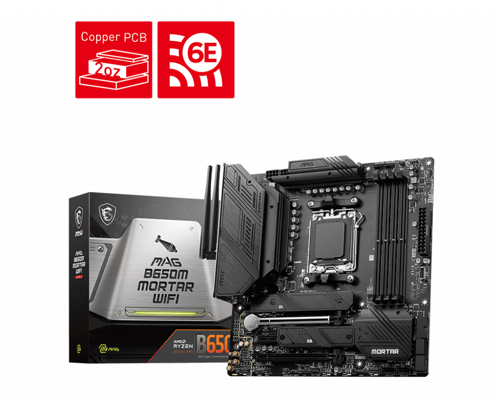 MSI MAG B650M MORTAR WIFI AMD AM5 mATX Motherboard, 4x DDR5 ~128GB, 1x PCI-E x16, 2x M.2, 6x SATA, 8x USB 3.2, 1x USB Type C