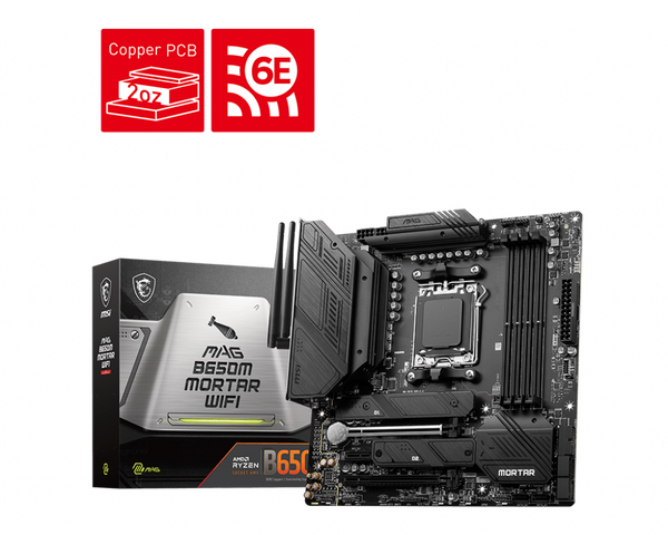 MSI MAG B650M MORTAR WIFI AMD AM5 mATX Motherboard, 4x DDR5 ~128GB, 1x PCI-E x16, 2x M.2, 6x SATA, 8x USB 3.2, 1x USB Type C