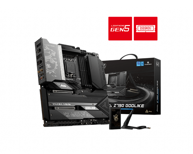 MSI MEG Z790 GODLIKE Intel LGA 1700 E-ATX Motherboard, 4x DDR5~128GB, 1x PCI-E x 16, 1x PCI-E x 8, 7x M.2, 6x SATA, 4x USB 3.2 , 4x USB 2.0, 2x USB-C