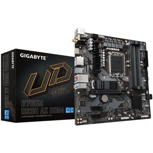Gigabyte B760M DS3H AX DDR4 Intel LGA 1700 m-ATX Motherboard, 4x DDR4 ~128GB, 1x PCI-E x16, 1x PCI-E x1, 2x M.2, 4x SATA, 3x USB 3.2, 2x USB 2.0, 1x T
