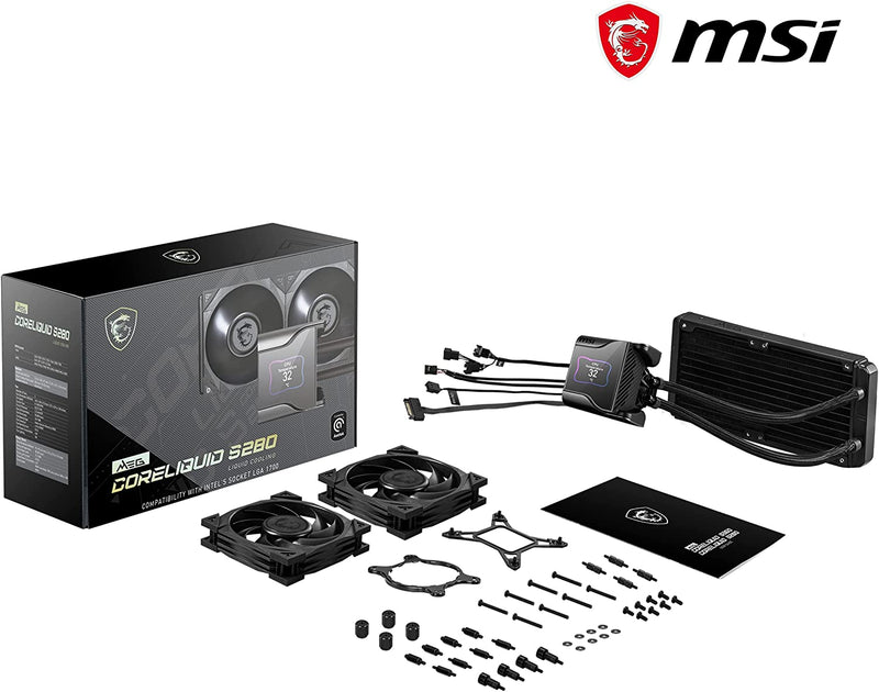 MSI MEG CORELIQUID S280 Liquid CPU Cooler '280mm Radiator, 2.4'' IPS Display with fan, 2x 140mm Silent PWM Fan, Center, Supports Intel and AMD Platforms, Latest LGA 1700 ready, Cooled by ASETEK'