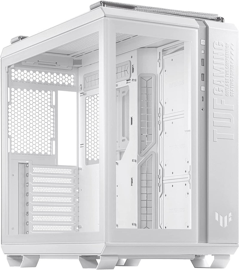 Asus GT502 TUF GAMING CASE WHT TG GT502 Tuf Gaming Case White Edition MID Tower ATX Case Tempered Glass Panel Support 360mm Cooler supports ATX PSUs up to 200mm. graphics card up to 400mm