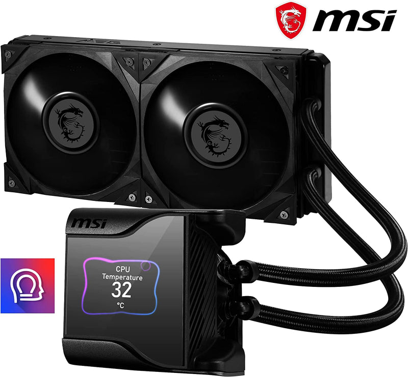 MSI MEG CORELIQUID S280 Liquid CPU Cooler '280mm Radiator, 2.4'' IPS Display with fan, 2x 140mm Silent PWM Fan, Center, Supports Intel and AMD Platforms, Latest LGA 1700 ready, Cooled by ASETEK'