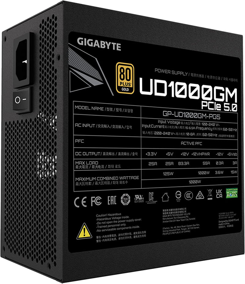 Gigabyte UD1000GM PG5 1000W ATX PSU Power Supply  80+ Gold >90% 120mm Fan Black Flat Cables Single +12V Rail Japanese  >100K Hrs
