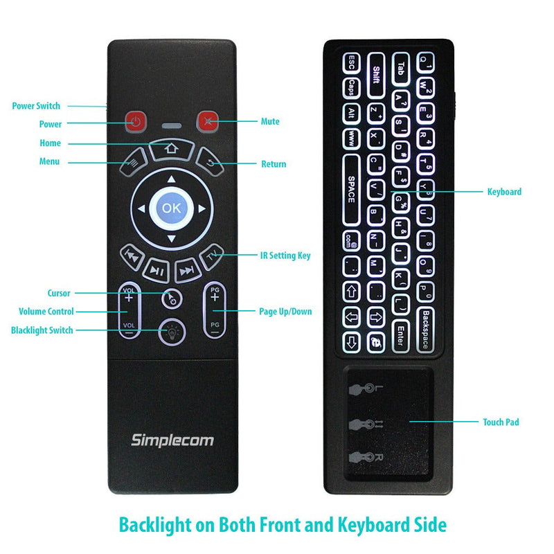Simplecom RT250 Rechargeable 2.4GHz Wireless Remote, Air Mouse Keyboard with Touch Pad and Backlight