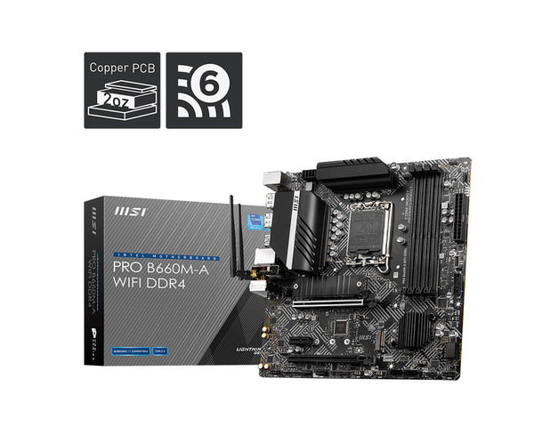 MSI PRO B660M-A WIFI DDR4 Intel LGA 1700 mATX Motherboard, 4x DDR4 ~128GB, 2x PCI-E x16, 1x PCI-E x1, 2x M.2, 4x SATA, 4x USB 3.2, 2x USB 2.0