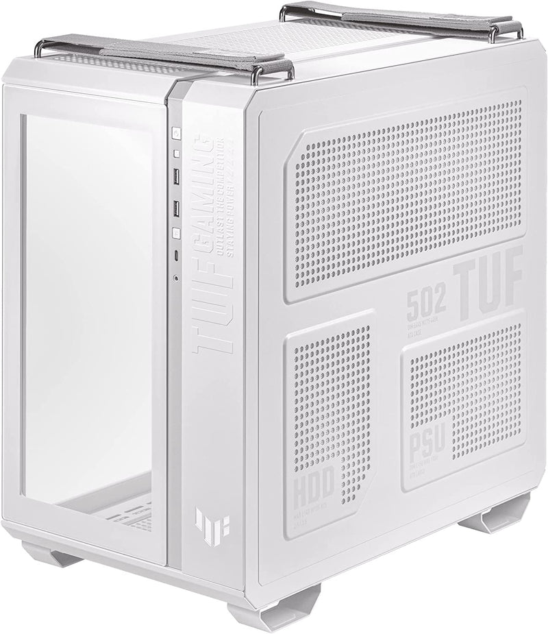 Asus GT502 TUF GAMING CASE WHT TG GT502 Tuf Gaming Case White Edition MID Tower ATX Case Tempered Glass Panel Support 360mm Cooler supports ATX PSUs up to 200mm. graphics card up to 400mm