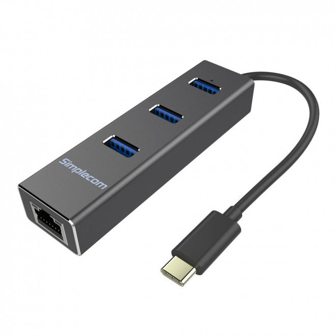 Simplecom CHN411 Aluminium USB Type C to 3 Port USB 3.0 Hub with Gigabit Ethernet Adapter