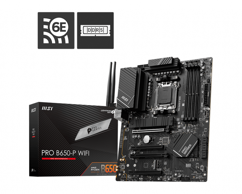 MSI PRO B650-P WIFI AMD AM5 ATX Motherboard, 4x DDR5 ~128GB, 1x PCI-E x16, 2x M.2, 6x SATA, 8x USB 3.2, 1x USB Type C