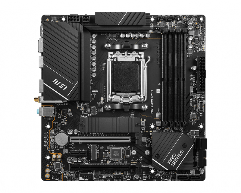 MSI PRO B650M-A WIFI AMD AM5 MATX Motherboard, 4x DDR5 ~128GB, 1x PCI-E x16, 2x M.2, 4x SATA, 8x USB 3.2