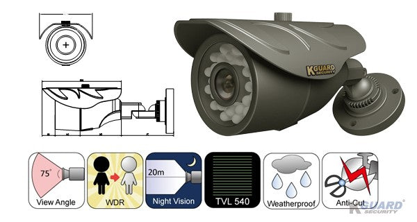 KGuard CW225H CCD Security Camera, (1/3" Sharp Color CCD, 540TVL, 24LEDs (20M), Weatherproof 3.6mm)