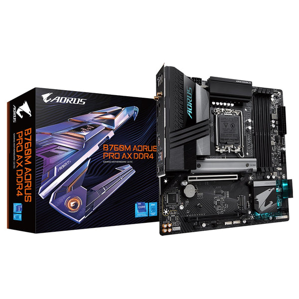 Gigabyte B760M AORUS PRO AX DDR4 Intel LGA 1700 m-ATX Motherboard, 4x DDR5 ~128GB, 2x PCI-E x16, 2x M.2, 4x SATA,  4x USB 3.2, 1x USB-C, 4x USB 2.0