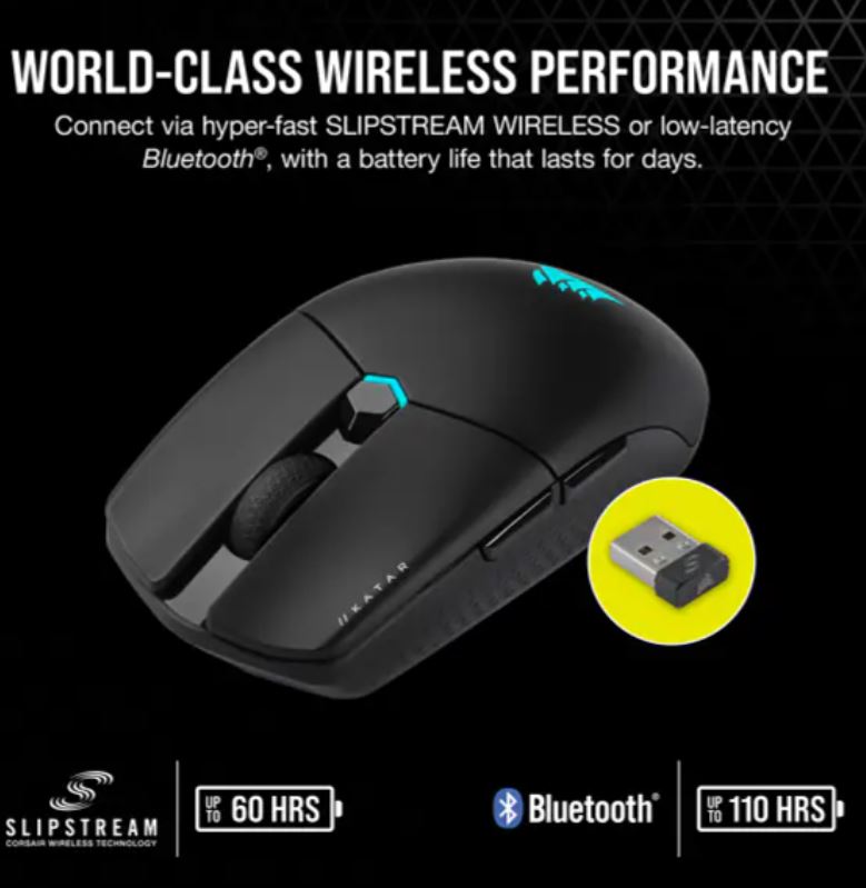 Corsair Katar Elite Wireles Ultra Light Weight 63g, Slipstream & Bluetooth RGB, ICUE, Quik Strike Buttons,18k DPI, Compact symetric Shape, Gaming Mice