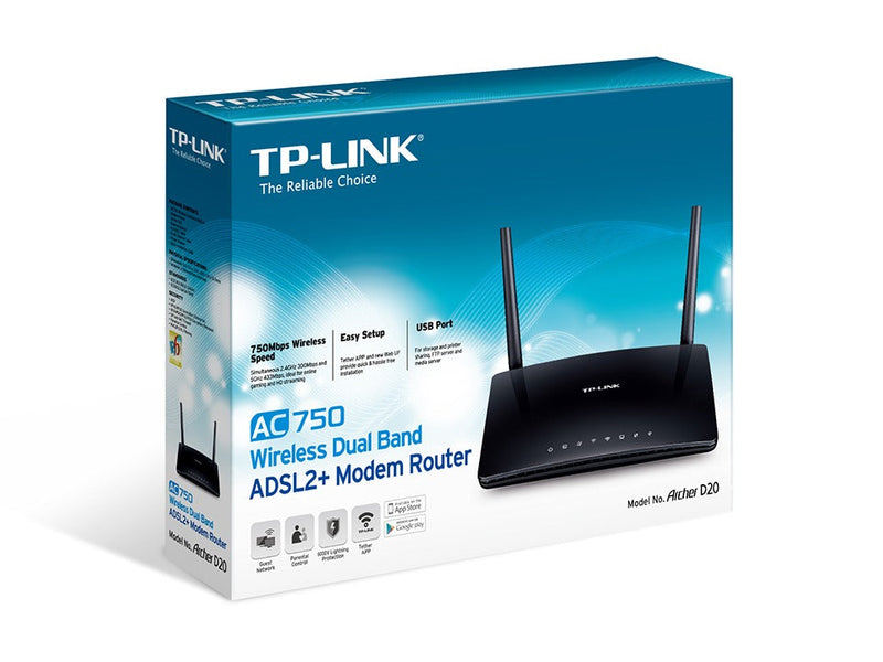 TP-LINK Archer D20 AC750 wireless router Dual-band (2.4 GHz / 5 GHz) Fast Ethernet Black