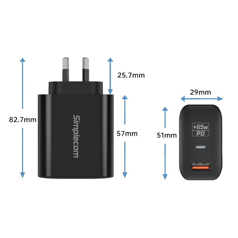 CU265 Dual Port PD 65W GaN Fast Wall Charger USB-C + USB-A for Phone Laptop