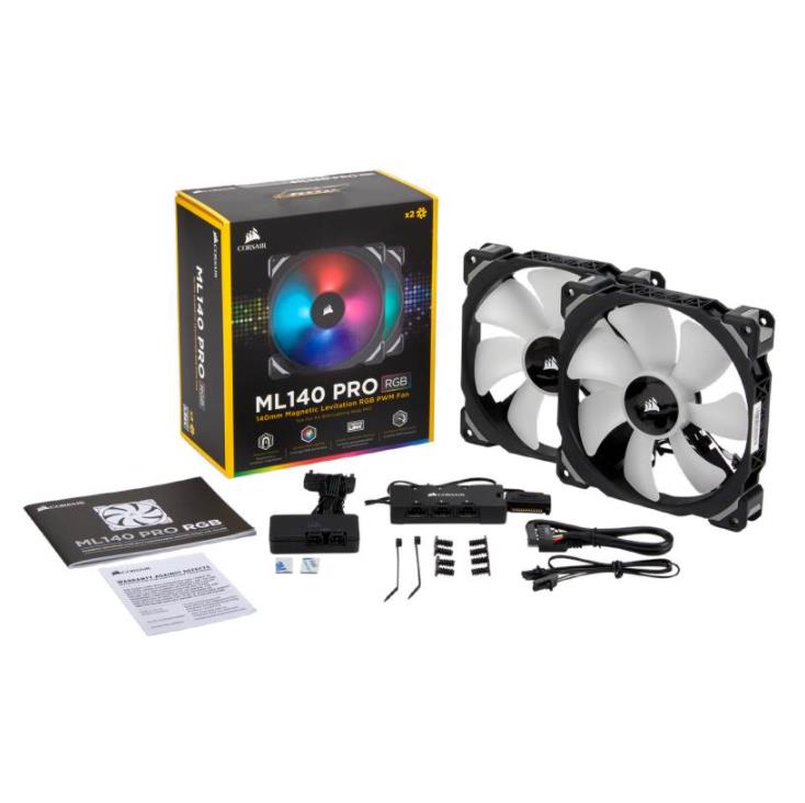 Corsair ML140 PRO RGB, 140mm Premium Magnetic Levitation RGB LED PWM Fan, Twin Fan Pack, with Lighting Node PRO