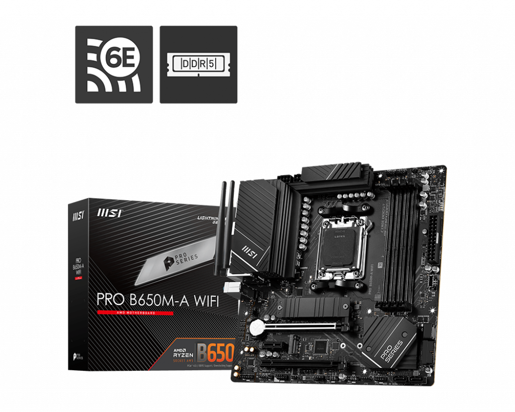 MSI PRO B650M-A WIFI AMD AM5 MATX Motherboard, 4x DDR5 ~128GB, 1x PCI-E x16, 2x M.2, 4x SATA, 8x USB 3.2