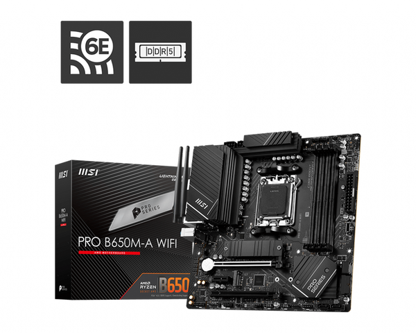 MSI PRO B650M-A WIFI AMD AM5 MATX Motherboard, 4x DDR5 ~128GB, 1x PCI-E x16, 2x M.2, 4x SATA, 8x USB 3.2