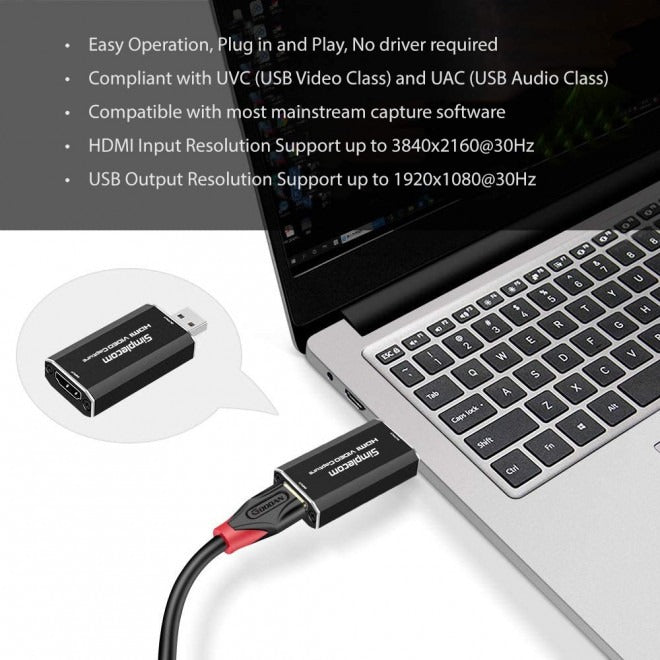 Simplecom DA315 HDMI to USB 2.0 Video Capture Card Full HD 1080p for Live Streaming Recording