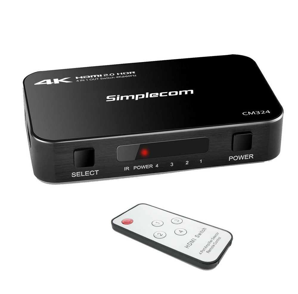 Simplecom CM324 4 Way HDMI 2.0 Switch with Remote 4 In 1 Out Splitter HDCP 2.2 4K @60Hz UHD HDR