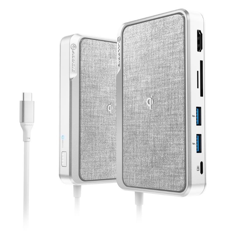 ALOGIC USB-C Dock Wave ¨C HDMI, 2 x USB-A, Micro/ SD Card Reader, USB-C with Power Delivery, Power Bank & Wireless Charger - Silver