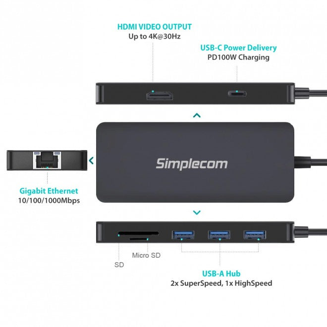 Simplecom CHN580 USB type-c Superspeed 8-in-1 Multiport Hub