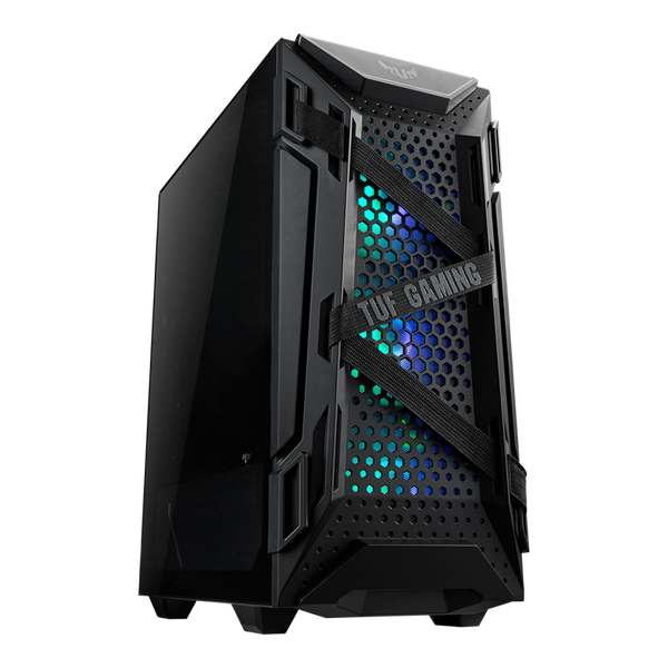 ASUS TUF GAMING GT301 ATX MID-TOWER COMPACT CASE WITH TEMPERED GLASS SIDE PANEL HONEYCOMB FRONT PANEL 120MM AURA ADDRESSABLE RGB FAN HEADPHONE HANGER AND 360MM RADIATOR SUPPORT.