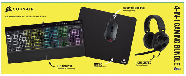 Corsair K55 PRO Keyboard, Harpoon PRO Gaming Mice, HS55 headset, MM100 Mouse Mat 4 in 1 Bundle