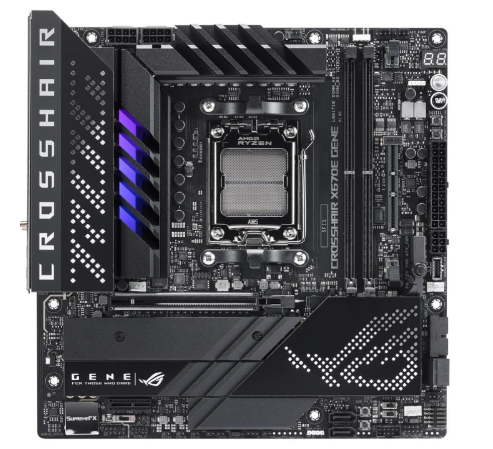 ASUS ROG CROSSHAIR X670E GENE (AM5) Micro-ATX Motherboard 2x DDR5 64GB,1 x PCIe 5.0 x16 , 3 x M.2 ,4 x SATA,Wi-Fi 6E, 2.5Gb Ethernet